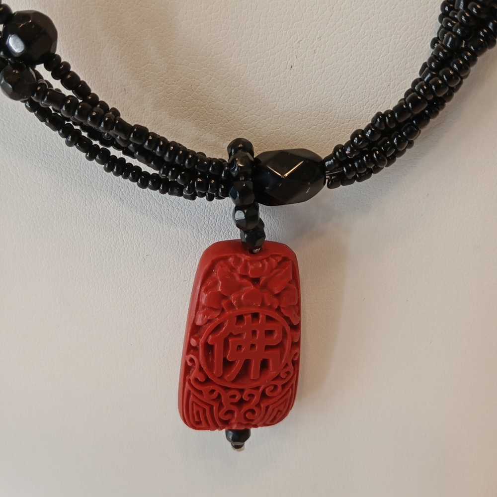 17"New Red Cinnabar Pendant 5Strand Seed Bead Feng Shui Prosperity Lacquer Resin